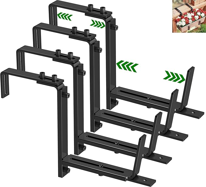 HFHOME 4PCS Adjustable Planter Window Box Planters Hanging Flower Box Holders Brackets, Heavy Duty Wall Mount Holder for Windowsills, Garden, Fences, and Balcony - Black HFHOME