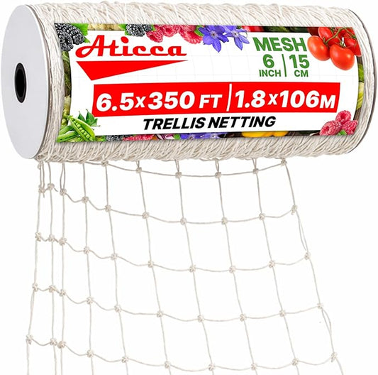 Trellis Netting 6.5 x 350 ft Heavy Duty Polyester Plant Support Netting White - 6 Inch Garden Rope Trellis on Roll - Mesh Twine for Growing Vine Climbing Plants, Flowers, Peas, and Tomatoes. Aticca