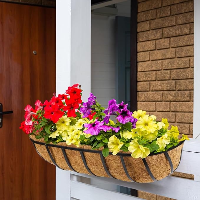 4 Pack 30 Inch Window Deck Railing Planter Boxes with Coconut Liner, Large Hanging Window Flower Boxes Metal Railing Planter for Balcony Fence Porch (4, 30 Inch) BeapTcely