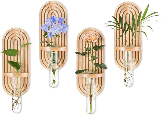 Glasseam Hanging Plant Propagation Stations: Boho Glass Wall Propagation vases Set of 4 - Wood Plant Holder Decorative Planters Terrarium Test Tube for Home Office Indoor Decor Glasseam