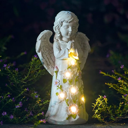 Nacome Garden Outdoor Statues Angel with Succulent and 7 LED Lights – Lawn Decor for Patio, Balcony, Yard Ornament - Chrismtas Gifts for Mom Grandma Nacome