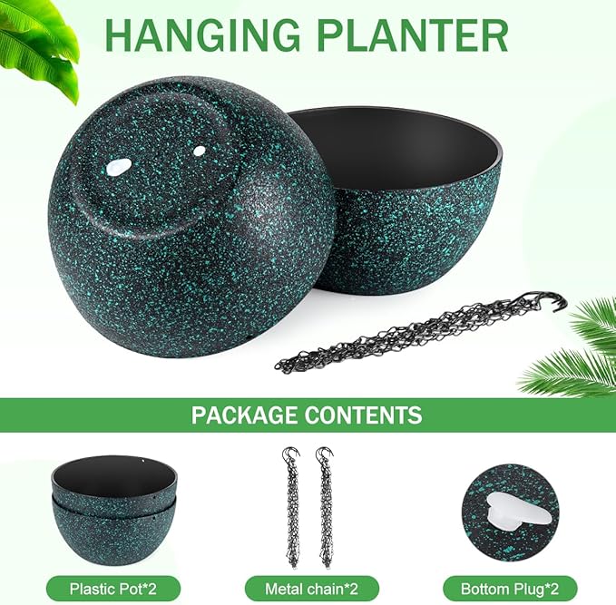 10 inch Hanging Planters for Indoor Plants, 2 Pack Planters for Outdoor Plants with Drainage Holes and Chain, Round Plastic Hanging Baskets, Hanging Flower Pots for Balcony Garden Decor-Black Speckle HIGSEEU