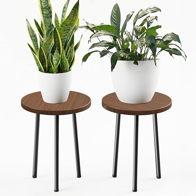 Plant Stand Indoor 14'': Indoor Plant Stand 2 Pack Metal Plant Table - Wood Plant Stool Outdoor Small Round Side End Table Mid Century Modern Decor - Home Decor SAKSUNFORYOU