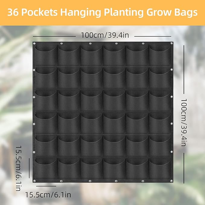 Hanging Planting Grow Bags, 36 Pockets Hanging Vertical Wall Planter Wall Mounted Grow Bag Outdoor Indoor Gardening Vertical Greening Flower Container, Planting Bags Storage Bags(1.0 m × 1.0 m, Black) LITLANDSTAR