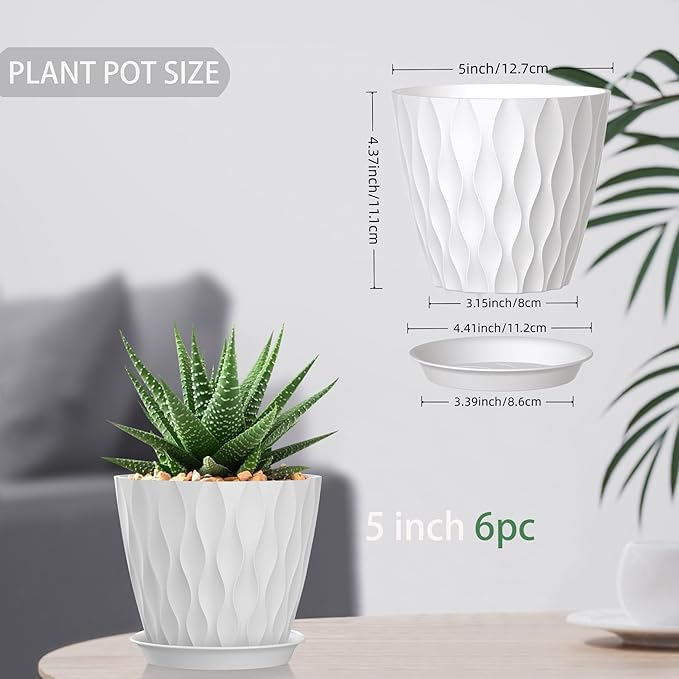 5 Inch Planter Pots, 6 Pack Indoor Planters, Small Flower Pots with Drainage Holes and Tray for Succulents, Orchids, Herbs and Other Indoor Plants (White, 5inch) SQKH