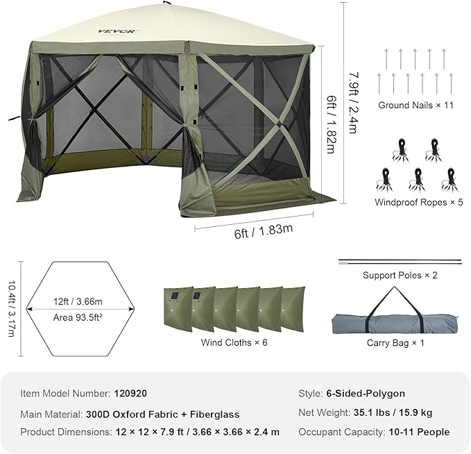 VEVOR 12x12ft Pop Up Gazebo Tent with Mosquito Netting, 6 Removable Wind Panels & 2 Mesh Windows, Outdoor Canopy Shelter for Patio, Army Green VEVOR
