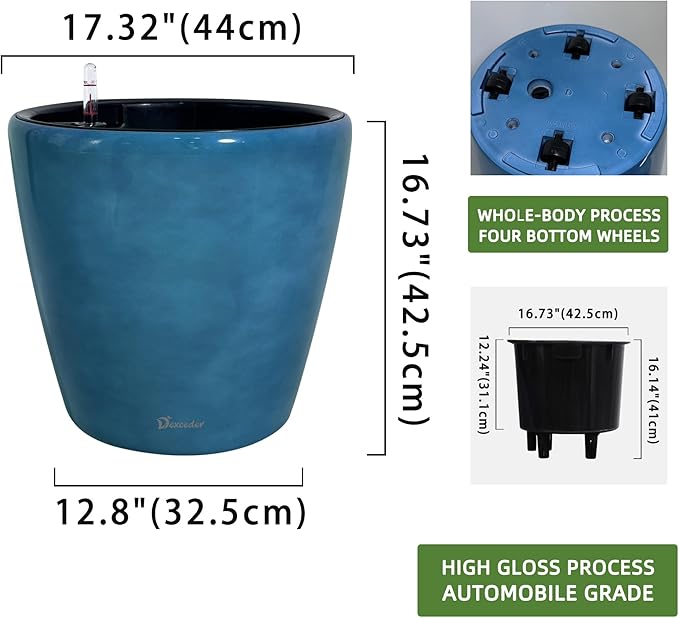 Dexceder 18x17 Self Watering Planter with Wheels Indoor Outdoor, Inner Pot Design, Thickened Large Floor Standing Flower Plant Pot with Water Level Indicator (Peacock Blue Gradient) Dexceder
