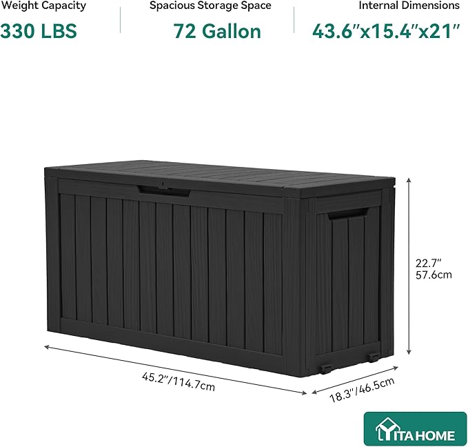 YITAHOME 72 Gallon Outdoor Resin Deck Box with Wheels, Pool Storage Box for Outdoor Cushions, Sports Equipment, Garden Tools, Black YITAHOME