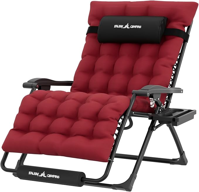 UDPATIO Oversized Zero Gravity Chair, 33In XXL Patio Reclining Chair with Cushion, Outdoor Folding Recliner with Pillows|Cup Holder|Foot Rest|Padded Headrest, Burgundy, Support 500LB UDPATIO