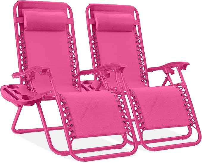 Best Choice Products Set of 2 Adjustable Steel Mesh Zero Gravity Lounge Chair Recliners w/Pillows and Cup Holder Trays - Hot Pink BestChoiceProducts