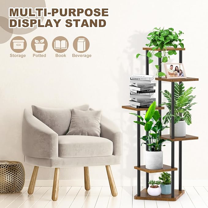6 Tier Wood Tall Plant Stand Metal Rack Indoor, Multiple Flower Pot Holder Shelves Corner Rack, Planter Shelf Display Rack Storage Organizer for Patio Living Room Balcony Garden(Black) YOCOMEY