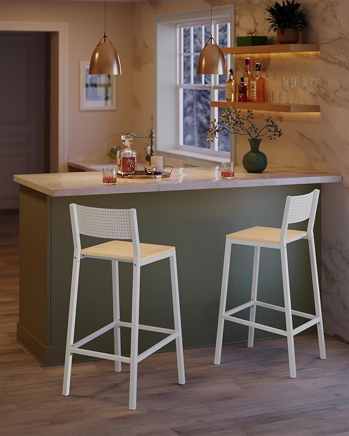 VASAGLE Bar Stool Set of 2, Bar Chairs for Kitchen, Dining Room, Industrial, Oak Beige and White ULBC070W09 VASAGLEbySONGMICSHOME