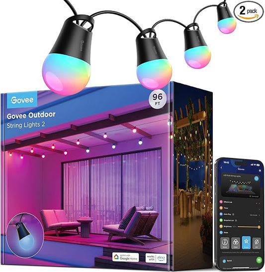 Govee Smart Outdoor String Lights 2, 96ft RGBIC Outdoor Lights with Dimmable Warm White LED Bulbs, 47 Scene Modes for Patio, Backyard, IP65 Waterproof, Compatible with Alexa, App Control Govee