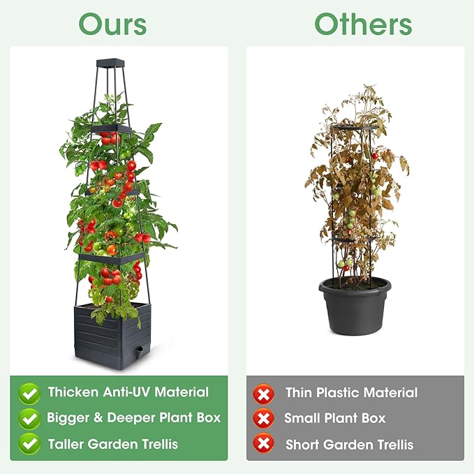 MQUPIN Tomato Planter Box with Trellis for Garden, 57 Inch Self-Watering Raised Garden Bed, Patio Tomato Cage for Climbing Vegetables & Flowers, Upgraded Tomato Pot for Indoor Outdoor Use (2 Pack) MQUPIN