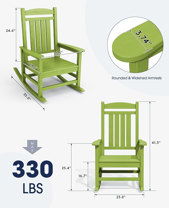 KINGYES HDPE Rocking Chairs Outdoor, Patio Rocking Chairs with 330lbs Support, Smooth Porch Rocker for Deck Lawn Yard, Pistachio Green KINGYES