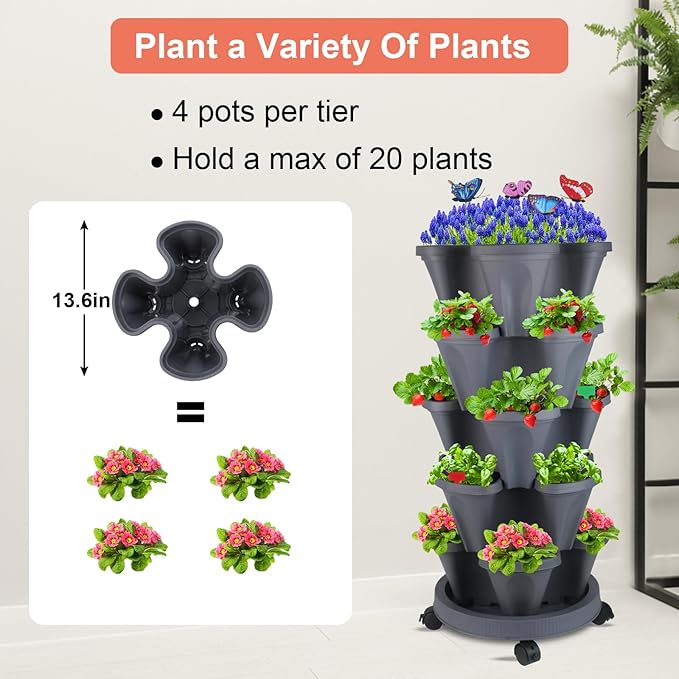 GameXcel Vertical Planter, 5 Tier Stackable Strawberry Planter with Garden Tool Set, Movable Indoor/Outdoor Garden Herb Pot for Growing Vegetables and Succulents, Dark Gray GameXcel