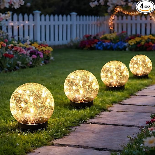 Solar Garden Lights Outdoor Waterproof, 4 Pack 30 LEDs Cracked Glass Ball Light, Ground Landscape Garden Decor, Solar Globe Decorative for Pathway/Patio/Lawn/Yard (Warm White, 3.9") SyouHome