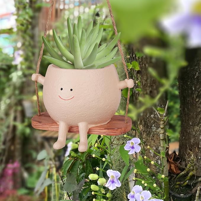 AFFLAT Smiley Face Flower Pot,Swinging Hanging Planter,Resin Smiley Face Hanging Pot,Cute Swinging Planter with Unique Design,Suitable for Indoor & Outdoor Decoration,an Ideal Gift for Festivals AFFLAT