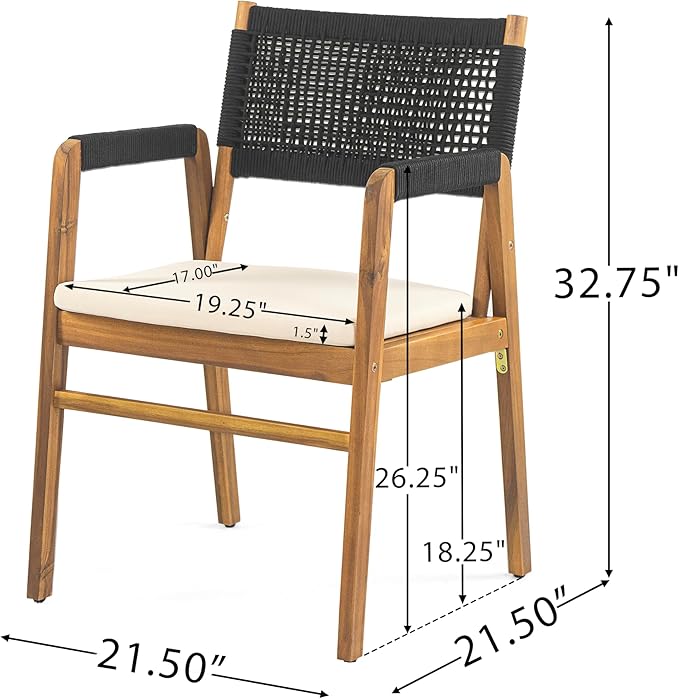 Christopher Knight Home Pasco Acacia Wood Outdoor Dining Table Set for 6, Wicker Patio Dining Set with Acacia Wood Table and Bench, Patio Table and Chair Set with Cushion+Rope Backrest,Black+Teak+Grey ChristopherKnightHome