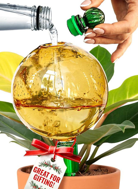 16 Oz Plant Watering Globes for Indoor Plants with Metal Self Watering Planter Insert - Premium XL Glass Hand-Blown Globe - Automatic Plant Waterer Indoor, Gift Idea for Gardeners [1 Globe, Golden] GARDENBRO