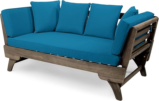 Merax Outdoor Patio Daybed Sofa,3-Seat Sofa with Foldable Arm 4 Back Pillows,Teak Acacia Wood Frame Beige Removable Cushion,Grey+Teal Merax