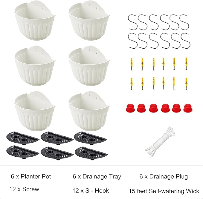 ORIMERC 6 Pcs Plastic Large Wall Plant Pots Vertical Garden Living Wall Mounted Window Hanging Basket Fence Planters Indoor Outdoor for Plants Flowers Kitchen Herbs Holder with Drainage Decor White OrimercGarden