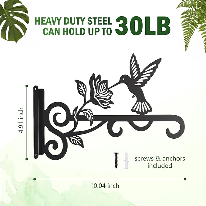 4-Pack Aesthetic Plant Hangers Outdoor – 10 Inch Metal Hanging Plant Bracket with Beautiful Hummingbird Pattern – Anti Rust Plant Hooks for Hanging Plants, Bird Feeder, Windchime, Lantern Rootora