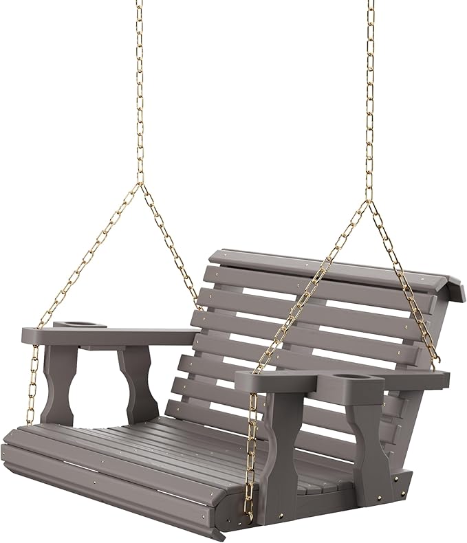 Amish Casual 3 Foot Roll Back Porch Swing with Cup Holders in Semi-Solid Gray Stain - Amish Made in The USA from Treated Pine Heavy Duty 700 Lb. Weight Capacity AmishCasual