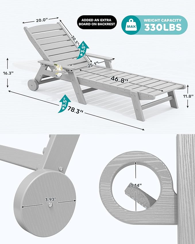 SERWALL Patio Chaise Lounge Chair, 78'' Long HDPE 5 Positions Adjustable Outdoor Lounger, Poly Lounge Chair with Rolling Wheels & Cup Holder for Pool, Space Gray SERWALL