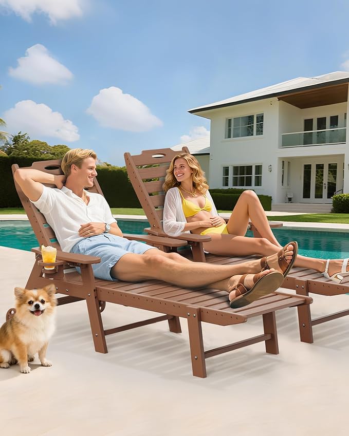 Carauci Lounge Chair Outdoor Set of 2, HDPE Chaise Lounge with Wheels, 5-Position Adjustable Backrest & 2 Cup Holders Patio Lounge Chair, All-Weather Pool Sun Lounger for Poolside, Backyard, Teak Carauci