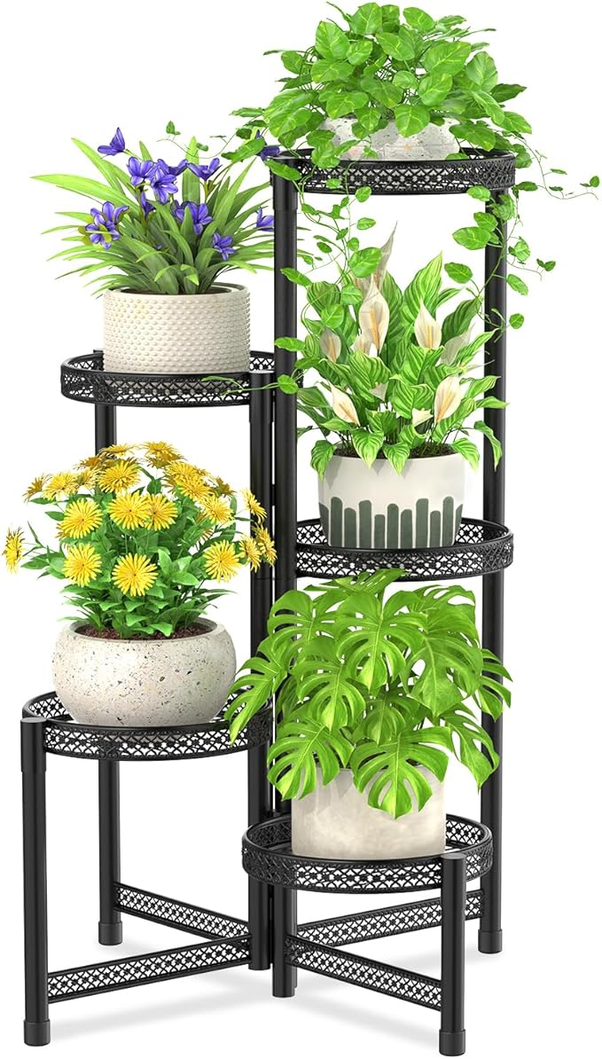 iDavosic.ly Plant Stand Indoor Outdoor, 5 Tier Corner Metal Flower Display Holder Shelf, Easy Assembly Folding Tall Orchid Rack for Patio Balcony Porch Garden Living Room House, Wrought Iron - Modern Black iDavosicly