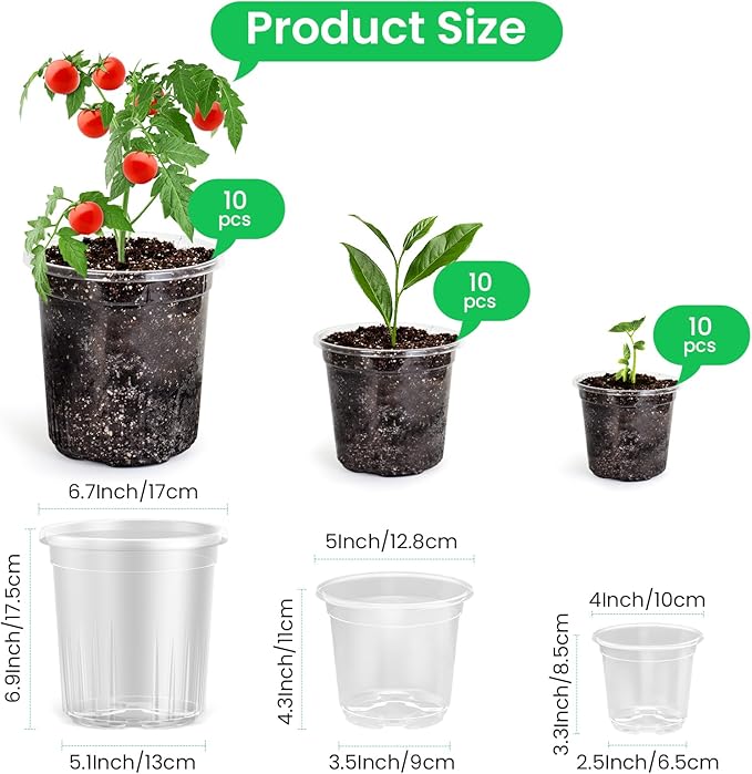 30 Packs 7/5/4 Inch Reinforced Clear Nursery Pots with Drainage Hole, Transparent Variety Pack Plastic Plant Pot Seedling Planter for Vegetable Propagation, Root Cutting, Seed Starting Bluepro