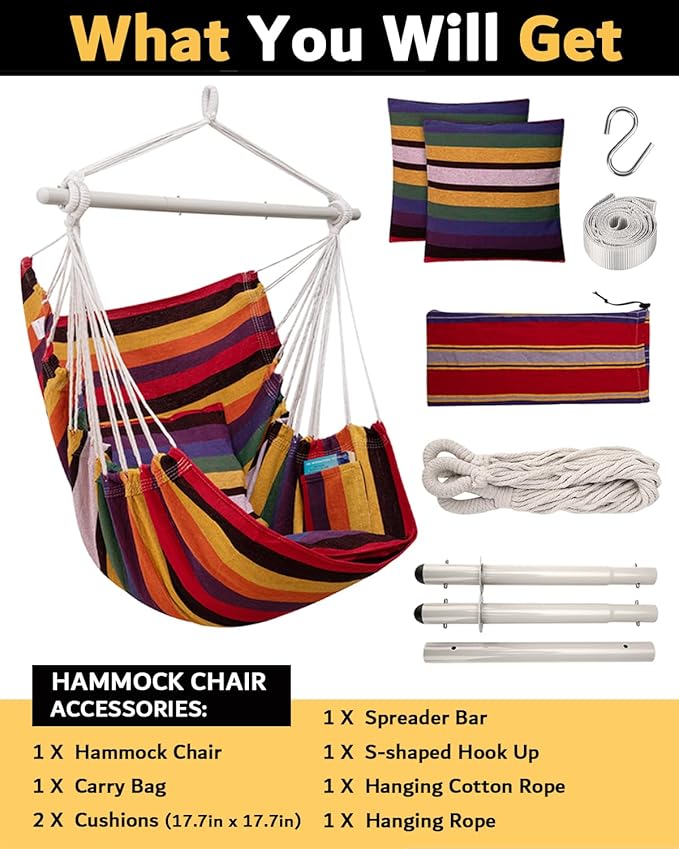MIZTLI Hammock Chair Hanging Chair Swing Chair Hanging Chair for Bedroom Indoor Outdoor- Max 500 Lbs－Steel Spreader Bar with Anti-Slip Rings, 2 Cushions MIZTLI