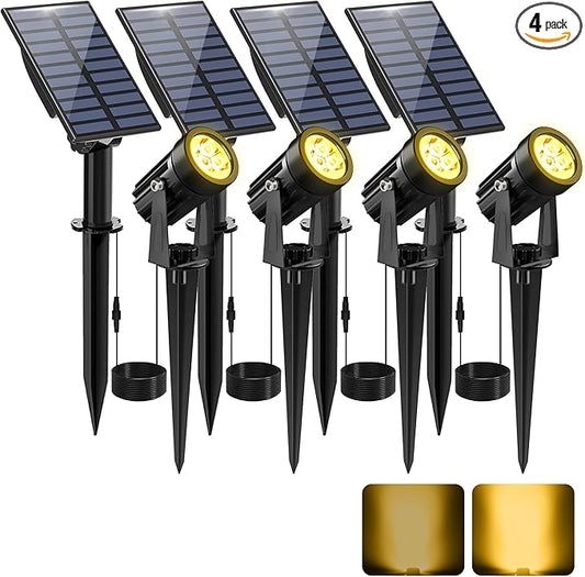 Solar Spot Lights Outdoor, Solar Landscape Spotlights IP65 Waterproof 9.8ft Cable, Auto On/Off Outdoor Wall Lights for Garden Yard Driveway Porch Walkway Pool (1-in-1 3000K Warm White 4 Pack) CREPOW