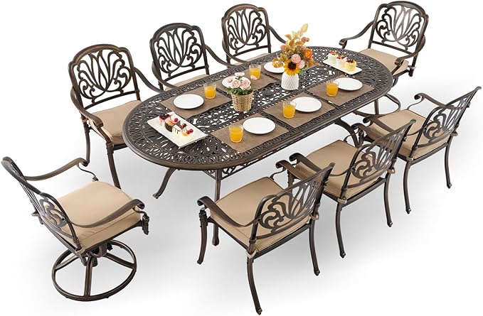 9-Piece Cast Aluminum Patio Furniture, Outdoor Dining Sets for 8 Include 87" Oval Patio Dining Table, 6 Stackable Chairs & 2 Swivel Chairs with Cushions & Umbrella Hole(Bronze) Rootora