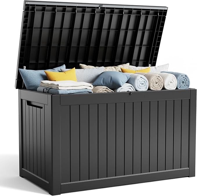 Deck Box - 280 Gallon Large Outdoor Storage box,Waterproof Patio Furniture and Storage Deck - Lockable and UV Resistant, Perfect for Pool and Outdoor Use, Weatherproof Resin, Lockable (Black) MAIUSCOLI