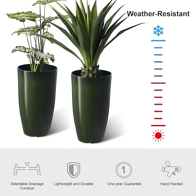 Glitzhome 23.5" H Large Tall Planter for Outdoor Plants,Set of 2 Plastic Tall Planters with Drainage Holes,Round Tapered Faux Ceramic Gradient Green Flower Tree Pots for Porch Patio Indoor Outdoor Glitzhome