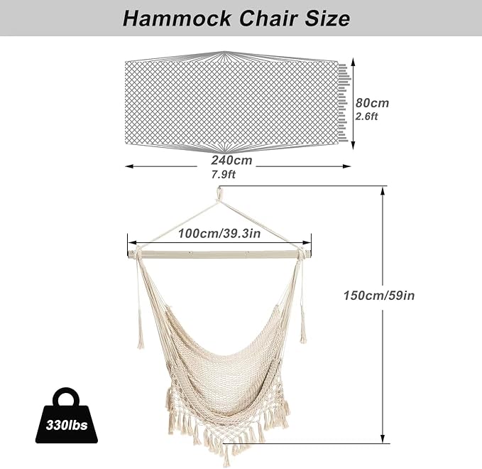 Hammock Chair，Max 330lbs, Large Hanging Chair, Soft Cotton Rope Swing Chair with High Load-Bearing Metal Rod,Indoor Outdoor Garden Yard Living Room Use YAERSI