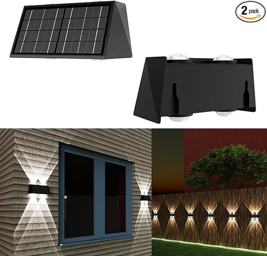 2-Pack Solar Fence Lights, Up & Down Lighting, 50LM/25LM Dual Brightness, 4 Color Modes, IP65 Waterproof, 1200mAh Battery, Screw/Adhesive Mount for Garden Wall Path Deck Involux