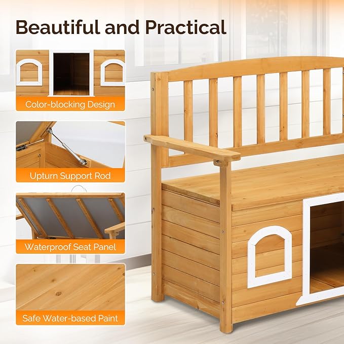 VINGLI Outdoor Storage Bench with Built-in Dog House, 2-in-1 Outdoor Waterproof Patio Bench with Pet Kennel for Patio Backyard Porch (Natural) VINGLI
