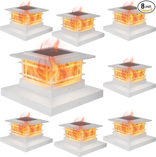 Dynaming 8 Pack Solar Post Cap Lights Outdoor with Flickering Flame Light, White Shell Fence Post Solar Lights Fit 4x4 5x5 Vinyl/Wooden Posts, Brightness LED Lighting Decor for Garden Deck Patio Dynaming