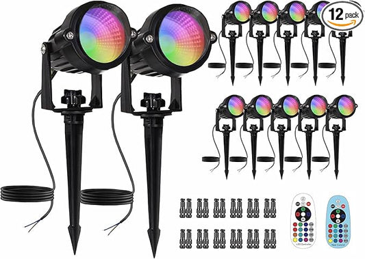 Low Voltage RGBW LED Landscape Lights Spot Lights Outdoor for Yard Garden Decor Spotlight, 12V-24V Low Voltage Landscape Lighting with 16 Color Changing and Remote IP68 Waterproof (12) Agdjasa
