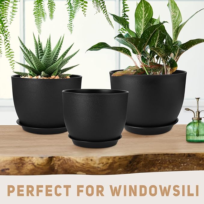 Plant Pots 12/10/9 inch Set of 3, Flower Pots with Multi Mesh Drainage Holes, Large Planters for Indoor Outdoor Garden Plants and Flowers. (Black) AFamilyofGardenLovers
