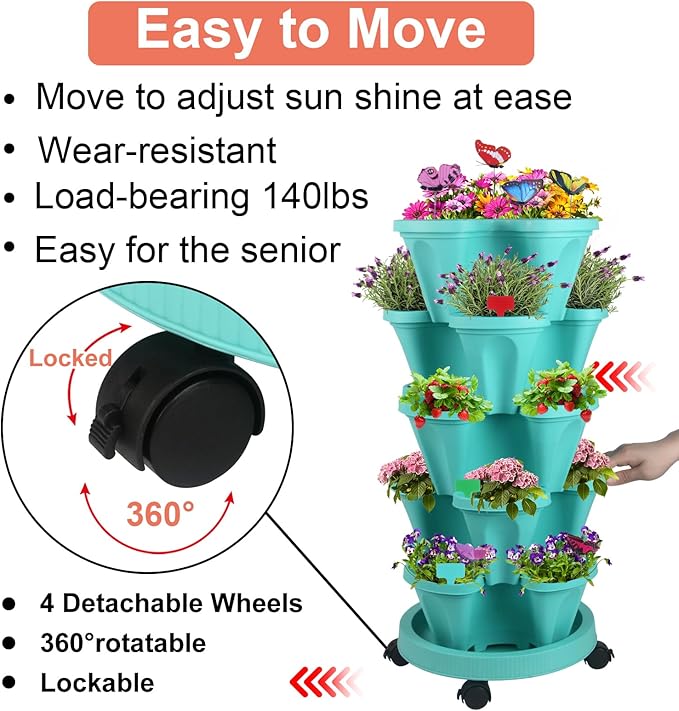 DUNCHATY Stackable Planter, Teal, 6 Tier Garden Tower, Self Watering, Indoor/Outdoor, with Garen Tool Set DUNCHATY