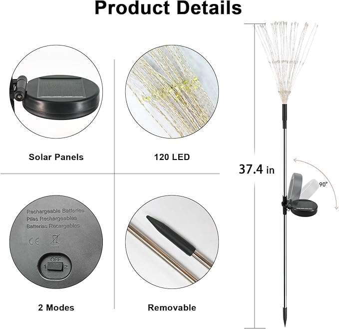 Solar Garden Lights Outdoor, 2 Pack 120 LED Twinkling Firework Lights Decorative with 2 Modes, Outdoor Waterproof Solar Starburst Light for Outside Yard Pathway Garden Decor, Warm White Yaafen