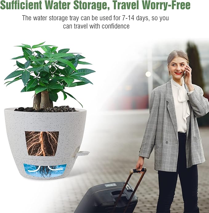 12inch 2Pack Large Self Watering Planters, Plastic Plant Pots with 60oZ Removable Deep Reservoir and Multi Mesh Drainage Holes for Indoor Outdoor Garden Plants and Flowers, White Speckles UOUZ