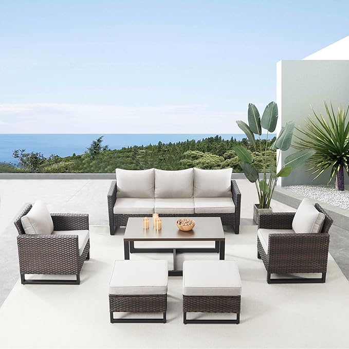 Belord 6 Piece Outdoor Furniture Patio Wicker Sofa Set, Oversize Outdoor Dining Chairs with Rattan Ottomans, Conversation Sets Patio Furniture Come with Removable Cushion Beige, Brown Belord