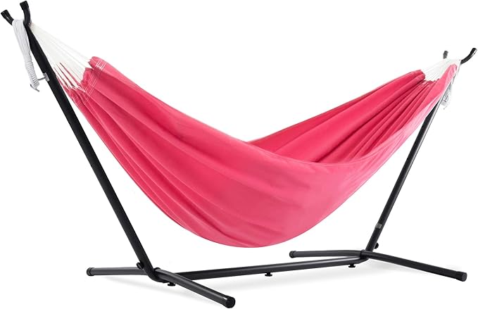 Vivere Double Polyester Hammock with Space Saving Steel Stand and Premium Carry Bag - 450 lb Capacity (Hot Pink) Vivere