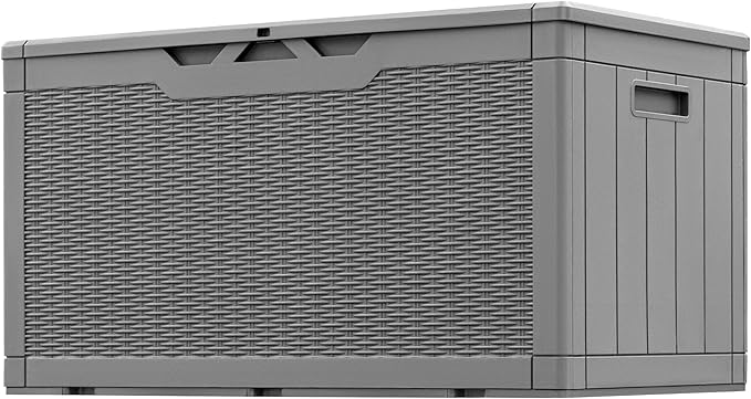 Greesum 100 Gallon Resin Patio Storage Box for Garden Tools, Outdoor Furniture Cushions, Pool Supplies, Gray BuynowfromGreesum