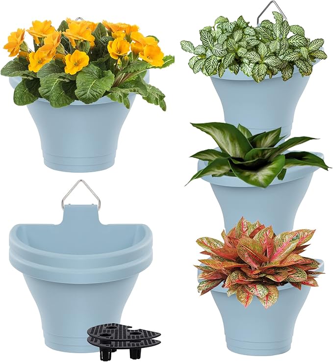MADHOLLY 6Pcs Vertical Hanging Planters for Outdoor Plants - Wall Plant Holder for Indoor Decorations Garden Fence, Plastic Flower Pots with Drainage Grid and Hooks (Blue) MADHOLLY